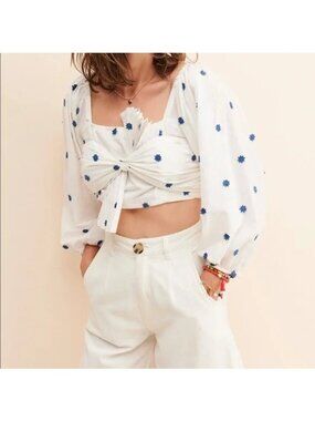 Farm Rio Anthropologie Bow front crop top white blue flower L summer beach
